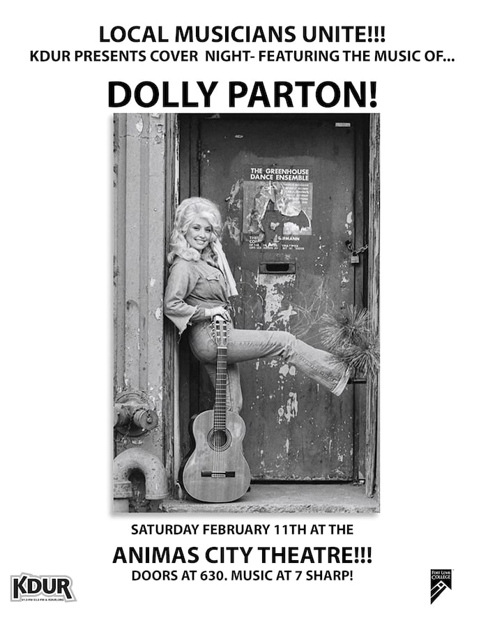 Concert poster with photo of Dolly Parton leaning in a door frame with a guitar.